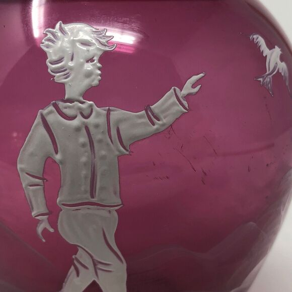 Mary Gregory Cranberry Glass Tumble Up Vintage Boy w/Bird Carafe & Tumbler Set - Picture 10 of 12